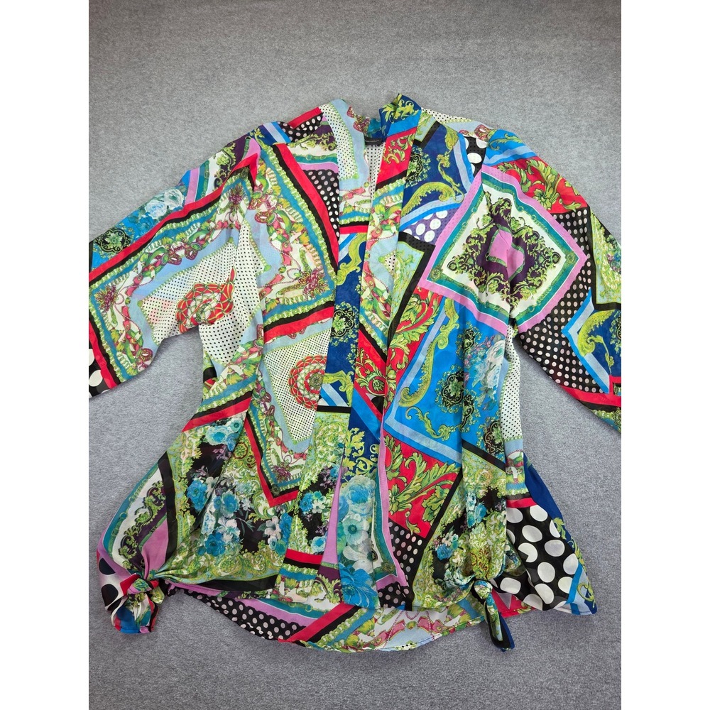 Travel Elements Womens 2X Scarf Print Open Front Tie Hem Top Multi Baroque Boho